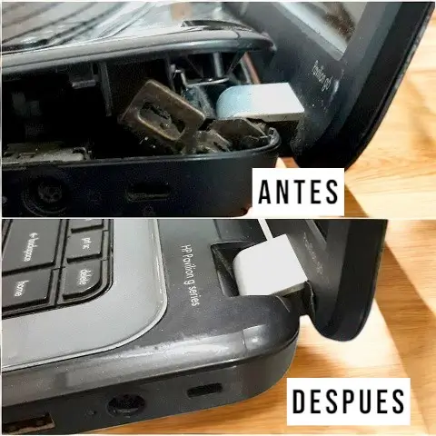 antes y despues - reparacion carcasa de notebook conector pin de carga marco pantalla bisagras rotas pernos-Photoroom