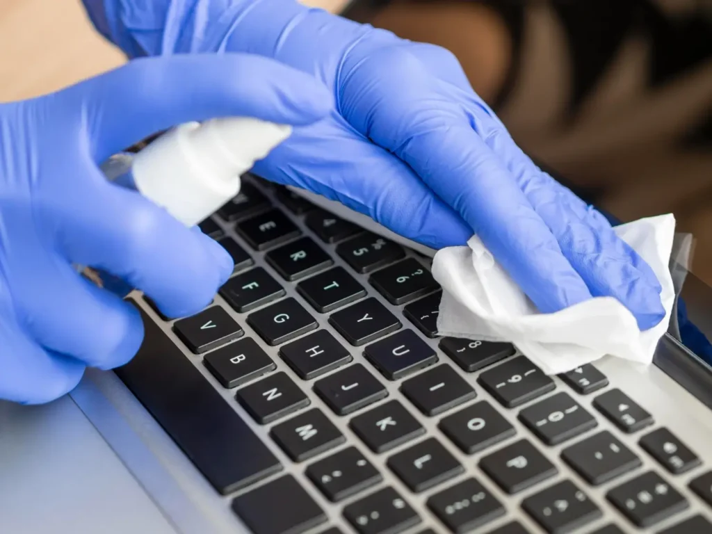 12 consejos útiles para optimizar la durabilidad y mejorar el rendimiento de tu Notebook y MacBook - cuidado del teclado - high angle hands with surgical gloves cleansing keyboard
